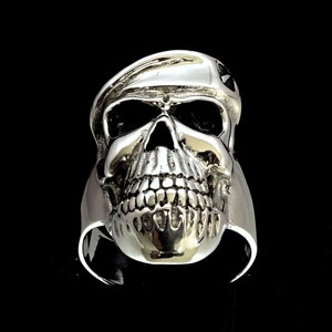 Sterling silver men&#39;s ring Army Officer Skull with Beret Special Forces high polished and antiqued 925 silver