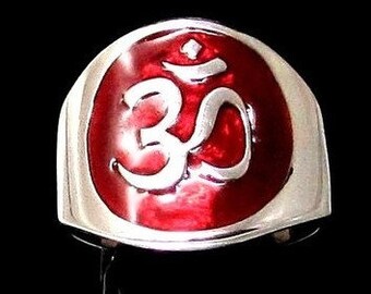 Sterling silver Buddhist symbol ring Ohm sacred sound Buddhism on Red enamel high polished 925 silver