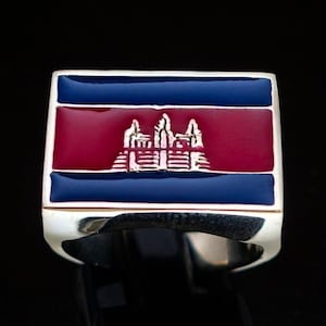 Sterling silver Khmer Flag ring Angkor Wat Cambodia with Red and Blue enamel high polished 925 silver men&#39;s ring