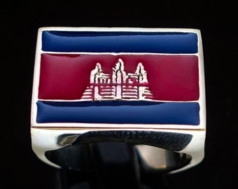 Sterling silver Khmer Flag ring Angkor Wat Cambodia with Red and Blue enamel high polished 925 silver men's ring