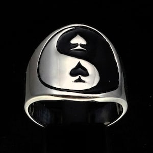 Sterling Silber Kartenspieler Symbol Ring Yin Yang und Pik Anhänger mit Black Emaille hochglanzpoliert in 925er Silber