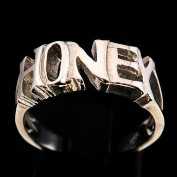 Sterling silver name ring Honey one word Bold letters high polished 925 silver