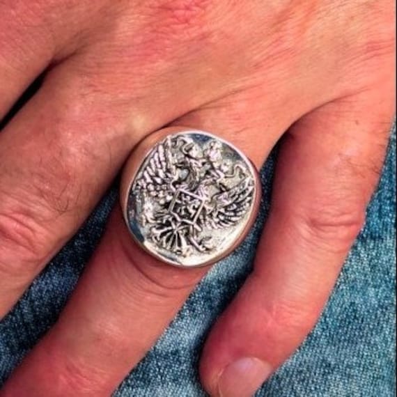 Men's Stainless Steel Vintage Knight Russian Double Eagle Signet Ring - High Polished Silver Tone, Size 13 - View #13