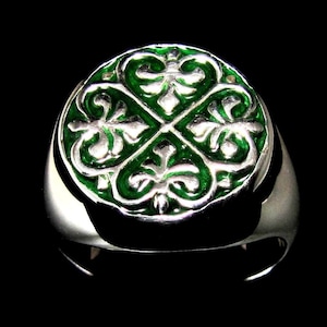 Sterling silver ring Fleur de Lis French Lily Flowers medieval symbol with Green enamel high polished 925 silver