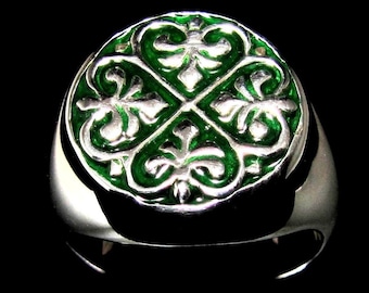 Sterling Silver Fleur de Lis Ring: Medieval Symbol France on Green enamel