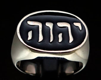 Oval Sterling silver ring Yahweh God of Israel Hebrew writing with Black enamel high polished 925 silver men&#39;s ring