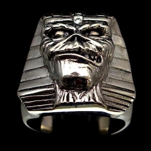Sterling silver Skull ring Pharaoh Angry Mummy ancient Egypt high polished and antiqued 925 silver men&#39;s ring