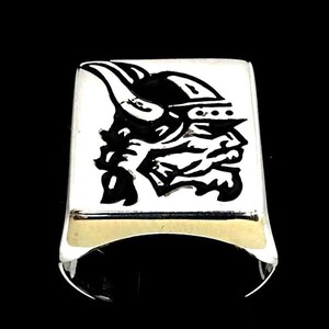 Sterling silver ring Viking Chief with Horned Helmet in Black enamel high polished 925 silver men&#39;s ring