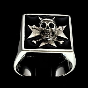 Sterling silver medieval ring Maltese Cross and Skull Malta with Black enamel high polished 925 Sterling silver men&#39;s ring