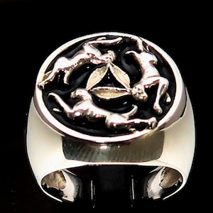Sterling silver ring Three Hares in Circle The Tinners Rabbits ancient Celtic symbol Triskelion with Black enamel high polished 925 silver