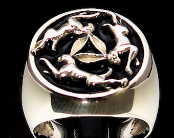Sterling silver ring Three Hares in Circle The Tinners Rabbits ancient Celtic symbol Triskelion with Black enamel high polished 925 silver