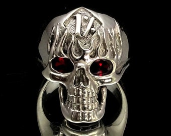 Sterling Silver Biker Ring: Flaming Skull, Red CZ Eyes