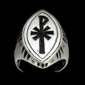 Anillo de plata esterlina Chi Rho XP con monograma cristiano primitivo, cruz guerrera, símbolo religioso, plata 925 muy pulida y envejecida