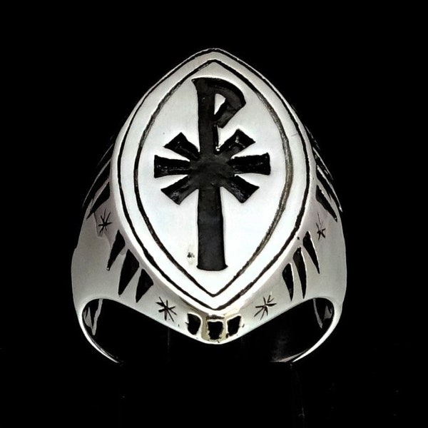 Sterling Silber Chi Rho XP Ring frühchristlich Monogramm Krieger Kreuz religiöses Symbol hochglanzpoliertes und antikisiertes 925er Silber