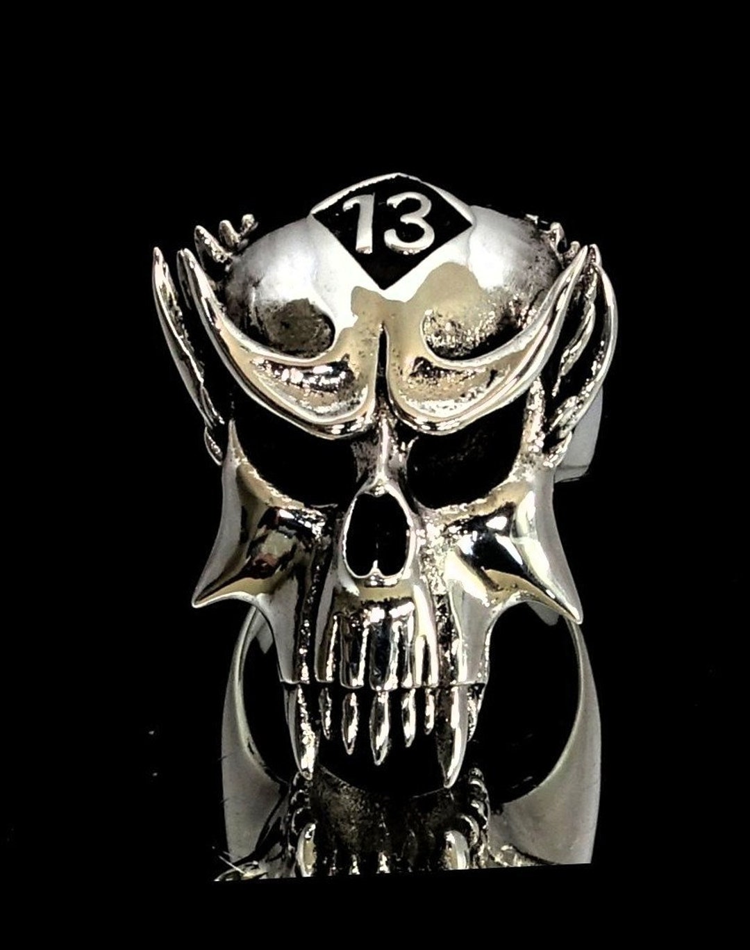 Sterling Silver Skull Ring 13 Outlaw Symbol on Vampire Skull