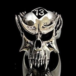 Bague motard en argent sterling, crâne de vampire avec symbole 13