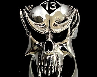 13 Glück 925 Sterlingsilber Hohe Detail Schädel Ring Herren Biker