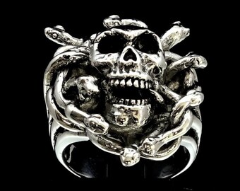 Sterling silver Skull ring Medusa with Snakes Gorgo ancient Greek mythology high polished and antiqued 925 silver