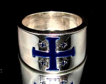 Sterling Silver Jerusalem Cross Ring: Knights Templar Medieval Flag in Blue enamel