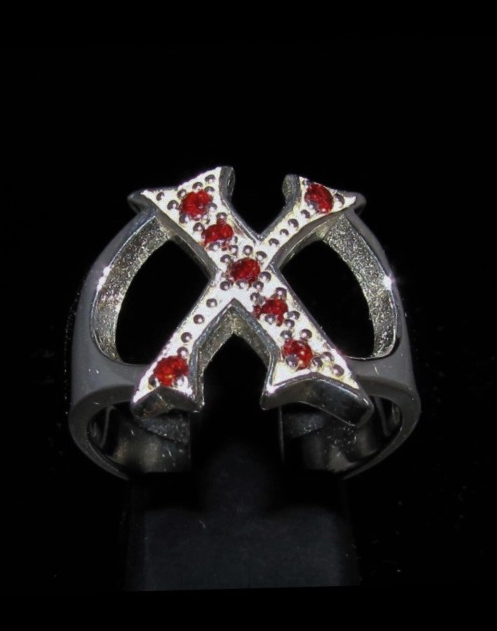 Sterling silver initial X ring with 7 Sparkling Red CZ stones Etsy