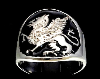 Sterling Silver Griffin Ring: Black Enamel Winged Lion Eagle Symbol