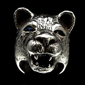 Sterling silver Animal ring Lioness Female Lion Head with 2 Blue Sapphire Gemstone Eyes high polished and antiqued 925 silver