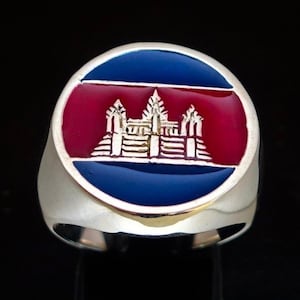 Sterling silver Flag ring Angkor Wat Cambodia Khmer Temple with Red and Blue enamel high polished 925 silver