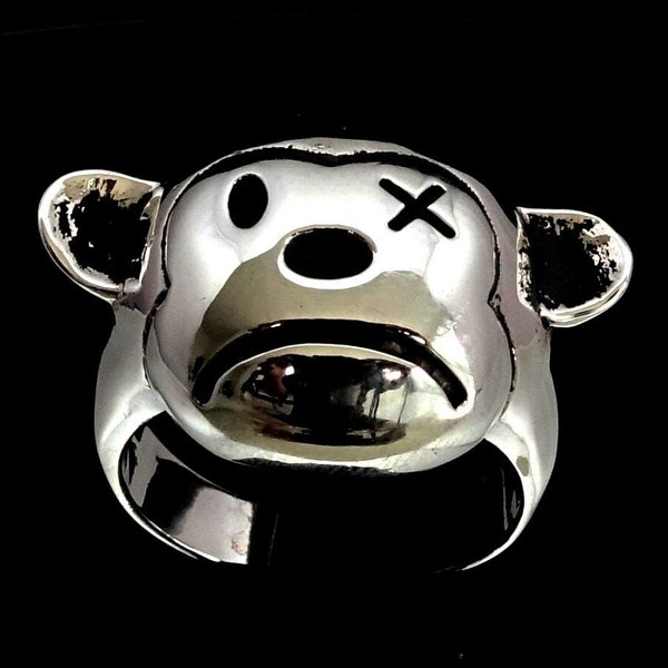 Bague de motard en argent sterling Sad Teddy Bear avec oeil manquant haut poli et antique 925 bague pour homme en argent