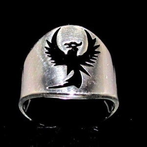 Sterling silver ancient symbol ring Phoenix Fire Bird in Black enamel high polished 925 silver