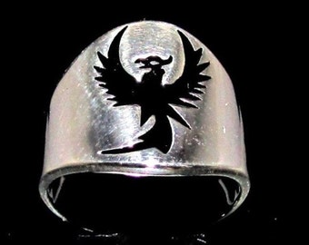 Sterling silver ancient symbol ring Phoenix Fire Bird in Black enamel high polished 925 silver