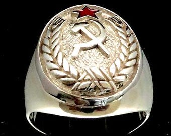 Sterling silver ring Hammer and Sickle in Laurel wreath with Red enamel Star Communist Symbol high polished 925 silver men's ring