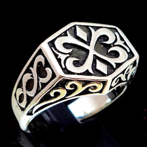 Bague en argent sterling vieillie, calligraphie médiévale lettre X croix, bague pour hommes en argent 925 poli