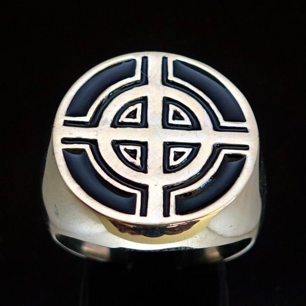 Sterling silver ring Celtic Ringed Cross medieval Ireland Pagan symbol with Black enamel high polished 925 silver