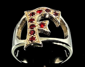 Sterling Silver Initial F Ring with 9 Red CZ Stones