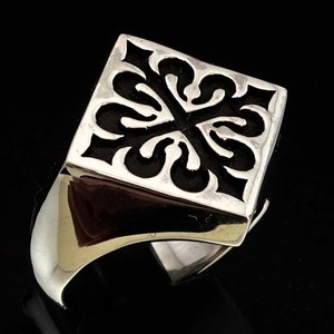 Antiqued Silver ring French Lily Flower symbol Medieval France Fleur de Lis diamond shape high polished 925 Sterling silver