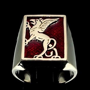 Sterling silver ring Griffin Winged Lion Eagle Gryphon ancient Egypt symbol with Red enamel high polished 925 silver men&#39;s ring