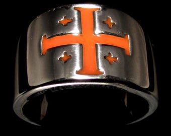 Sterling Silver Jerusalem Cross Ring: Knights Templar Medieval Flag in Orange enamel high polished