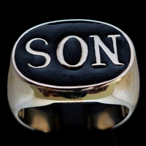Sterling silver men&#39;s ring SON one word capital letters with Black enamel high polished 925 silver