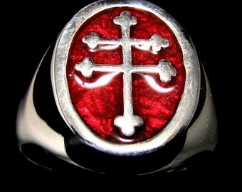 Sterling Silver Lorraine Cross Ring: Red Enamel Heraldic Symbol high polished