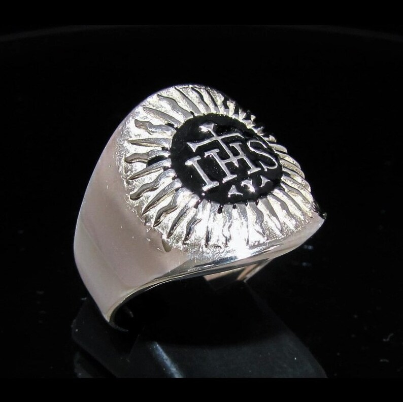 Sterling silver religious symbol ring IHS Christ monogram Three Nail Cross with Black enamel high polished 925 silver