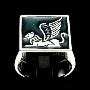 Sterling silver ring Winged Lion Sphinx ancient Sumerian mythological creature with Green enamel 925 silver men's ring