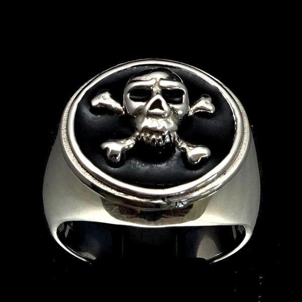 Bague en argent sterling Crâne de pirate sur os croisés Jolly Roger avec émail noir en argent 925 poli