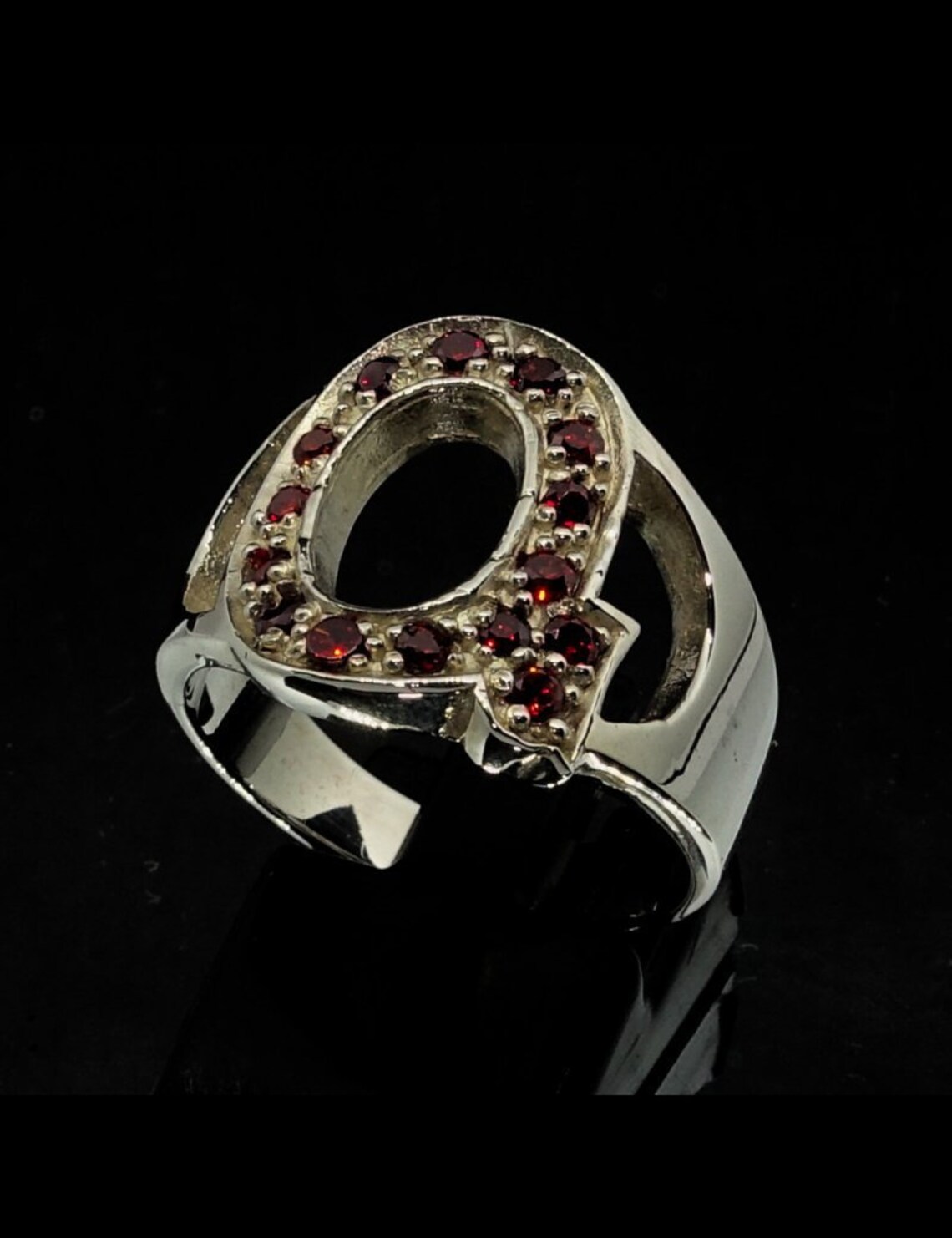 Sterling silver initial Q ring with 15 Sparkling Red CZ stones Etsy