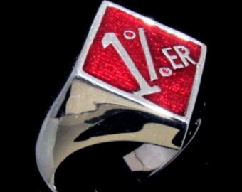 Diamond shaped Sterling silver Biker ring One percent symbol 1 percenter with Red enamel high polished 925 silver