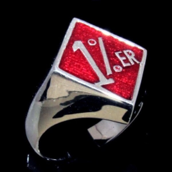Diamond shaped Sterling silver Biker ring One percent symbol 1 percenter with Red enamel high polished 925 silver