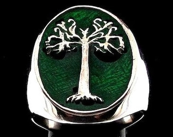 Oval Sterling silver ancient symbol ring Tree of Life with Green enamel high polished 925 silver