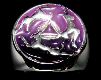 Sterling Silver Three Hares Ring: The Tinners Rabbits Celtic Triskelion, Purple Enamel