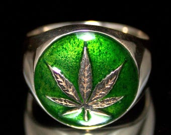 Sterling Silver Marijuana Ring: Ganja leaf with Green Enamel