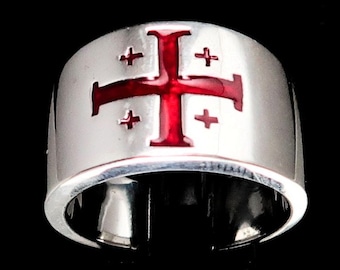Sterling Silver Knights Templar Ring: Jerusalem Cross in Red enamel high polished