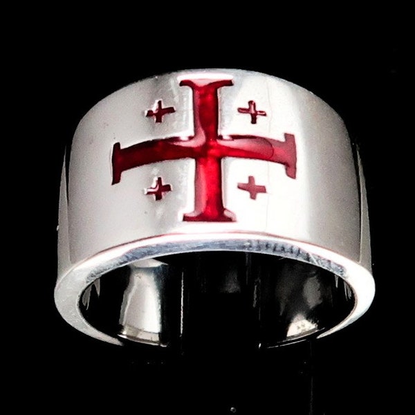 Sterling silver Jerusalem cross ring Knights Templar flag medieval religious symbol in Red enamel high polished 925 silver band ring